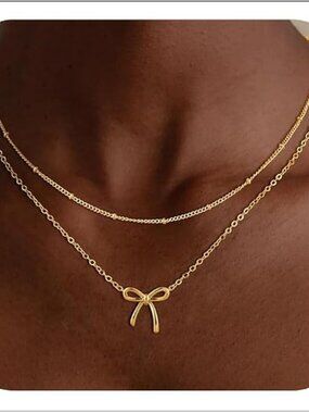 Bow Necklaces for Women Trendy, Dainty Layered 14K Gold Plated Cute Bow Pearl